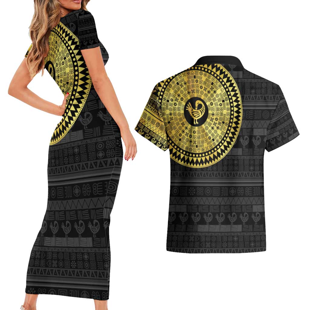 Sankofa Bird Couples Matching Short Sleeve Bodycon Dress and Hawaiian Shirt Adinkra Symbols - Gold Version