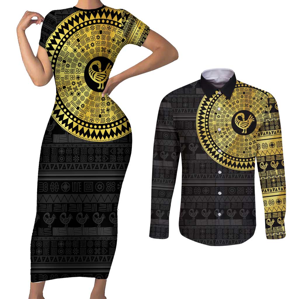 Sankofa Bird Couples Matching Short Sleeve Bodycon Dress and Long Sleeve Button Shirt Adinkra Symbols - Gold Version