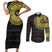 Sankofa Bird Couples Matching Short Sleeve Bodycon Dress and Long Sleeve Button Shirt Adinkra Symbols - Gold Version