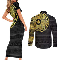 Sankofa Bird Couples Matching Short Sleeve Bodycon Dress and Long Sleeve Button Shirt Adinkra Symbols - Gold Version