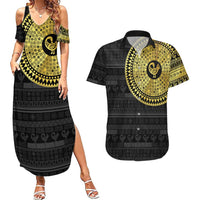 Sankofa Bird Couples Matching Summer Maxi Dress and Hawaiian Shirt Adinkra Symbols - Gold Version