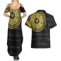 Sankofa Bird Couples Matching Summer Maxi Dress and Hawaiian Shirt Adinkra Symbols - Gold Version