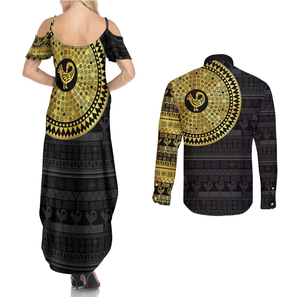 Sankofa Bird Couples Matching Summer Maxi Dress and Long Sleeve Button Shirt Adinkra Symbols - Gold Version