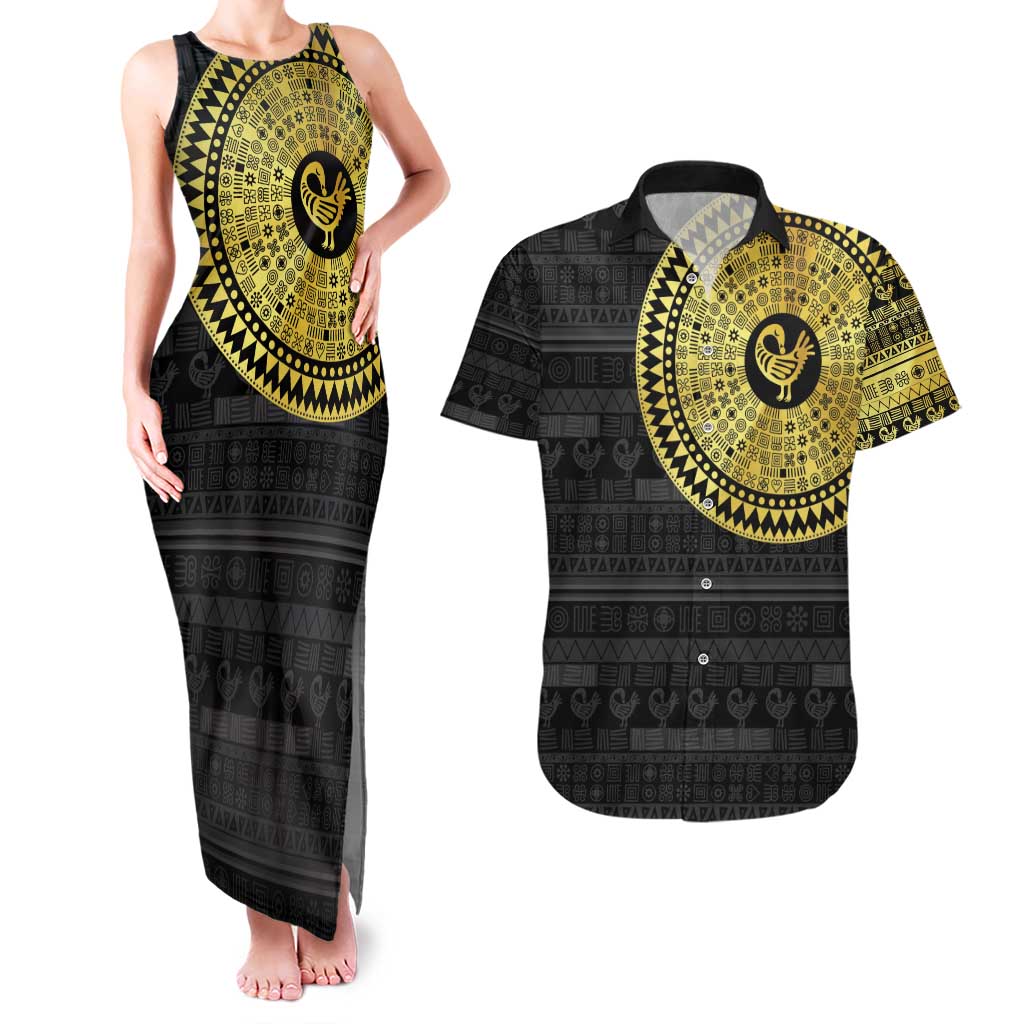 Sankofa Bird Couples Matching Tank Maxi Dress and Hawaiian Shirt Adinkra Symbols - Gold Version