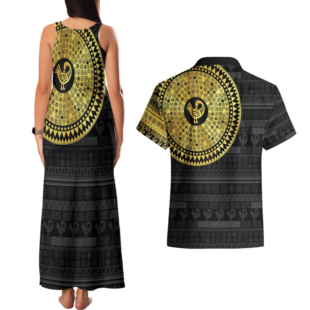 Sankofa Bird Couples Matching Tank Maxi Dress and Hawaiian Shirt Adinkra Symbols - Gold Version