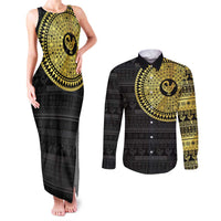 Sankofa Bird Couples Matching Tank Maxi Dress and Long Sleeve Button Shirt Adinkra Symbols - Gold Version
