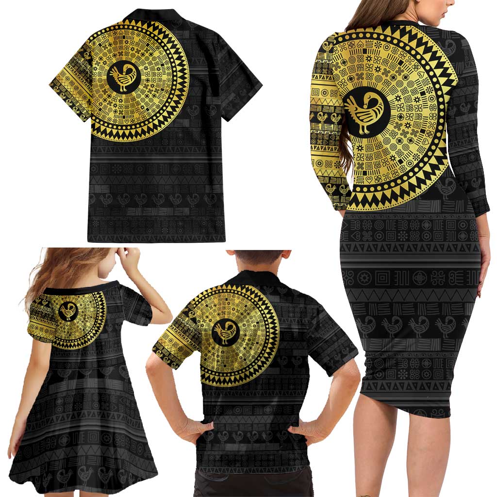 Sankofa Bird Family Matching Long Sleeve Bodycon Dress and Hawaiian Shirt Adinkra Symbols - Gold Version
