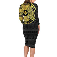 Sankofa Bird Family Matching Long Sleeve Bodycon Dress and Hawaiian Shirt Adinkra Symbols - Gold Version