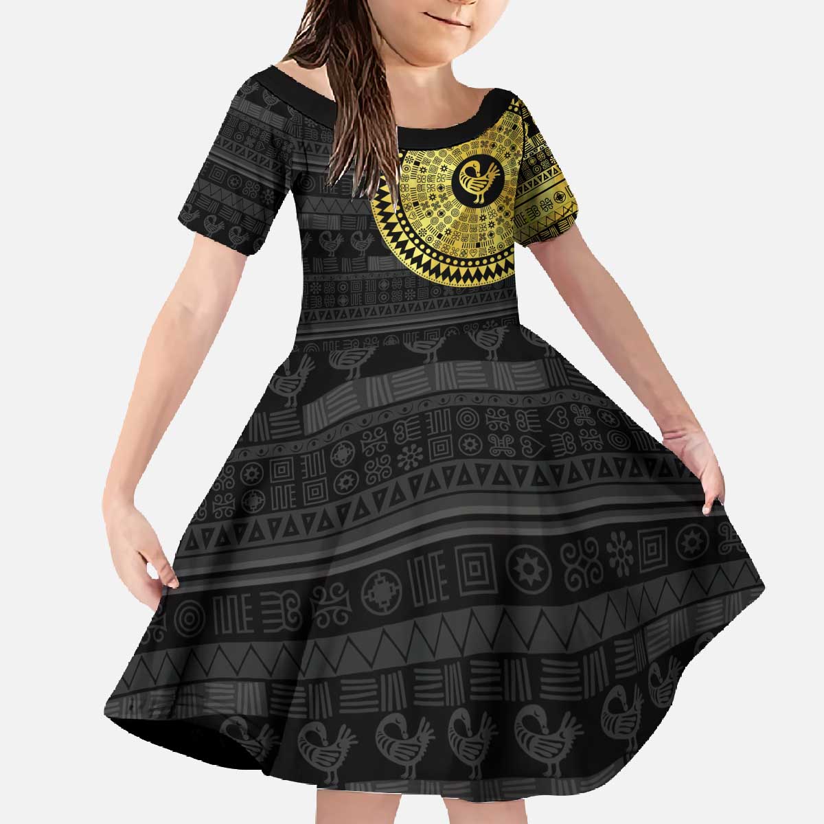 Sankofa Bird Family Matching Off The Shoulder Long Sleeve Dress and Hawaiian Shirt Adinkra Symbols - Gold Version