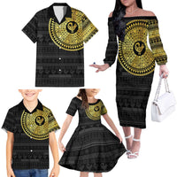 Sankofa Bird Family Matching Off The Shoulder Long Sleeve Dress and Hawaiian Shirt Adinkra Symbols - Gold Version