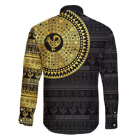 Sankofa Bird Family Matching Off The Shoulder Long Sleeve Dress and Hawaiian Shirt Adinkra Symbols - Gold Version