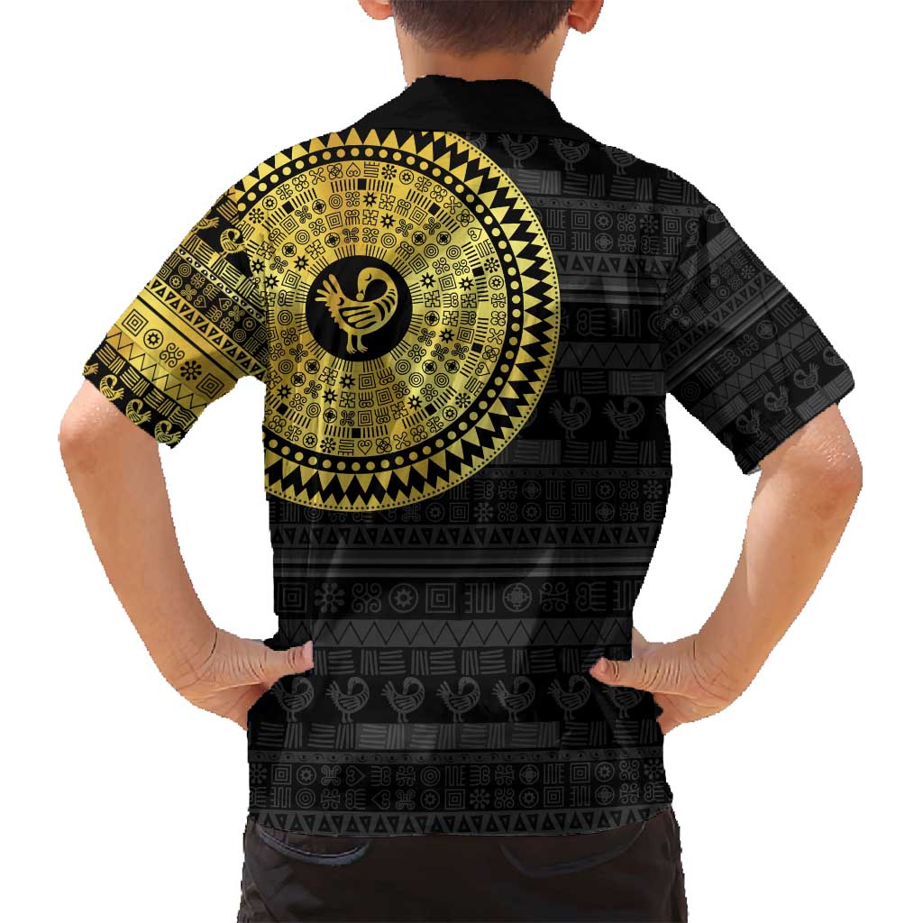 Sankofa Bird Family Matching Off Shoulder Maxi Dress and Hawaiian Shirt Adinkra Symbols - Gold Version