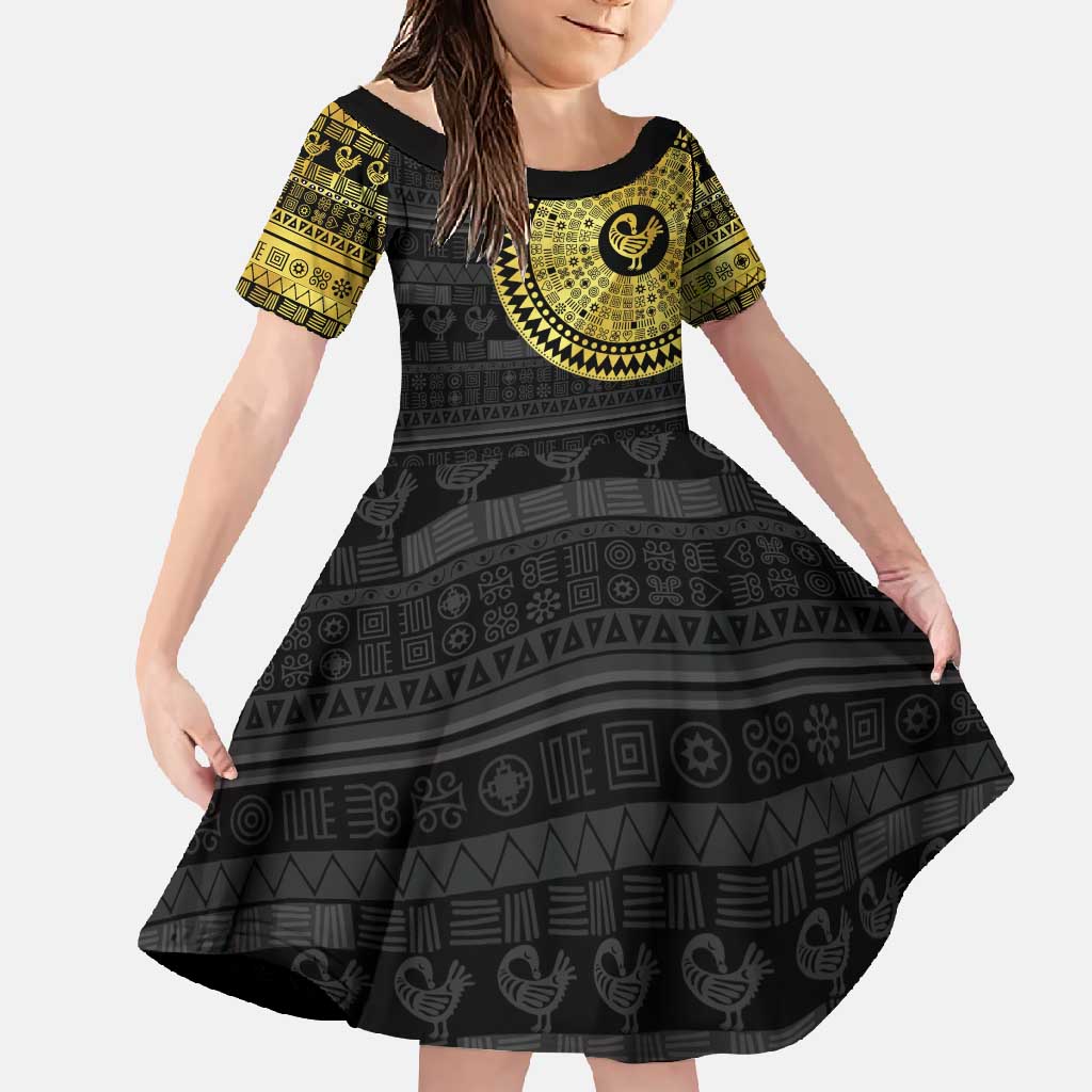 Sankofa Bird Family Matching Off Shoulder Maxi Dress and Hawaiian Shirt Adinkra Symbols - Gold Version