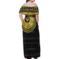 Sankofa Bird Family Matching Off Shoulder Maxi Dress and Hawaiian Shirt Adinkra Symbols - Gold Version
