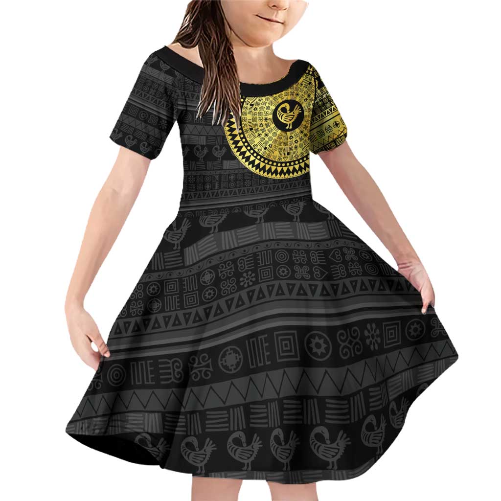 Sankofa Bird Family Matching Off Shoulder Short Dress and Hawaiian Shirt Adinkra Symbols - Gold Version