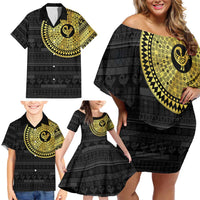 Sankofa Bird Family Matching Off Shoulder Short Dress and Hawaiian Shirt Adinkra Symbols - Gold Version