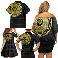 Sankofa Bird Family Matching Off Shoulder Short Dress and Hawaiian Shirt Adinkra Symbols - Gold Version