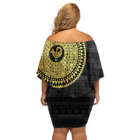 Sankofa Bird Family Matching Off Shoulder Short Dress and Hawaiian Shirt Adinkra Symbols - Gold Version