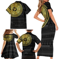 Sankofa Bird Family Matching Short Sleeve Bodycon Dress and Hawaiian Shirt Adinkra Symbols - Gold Version