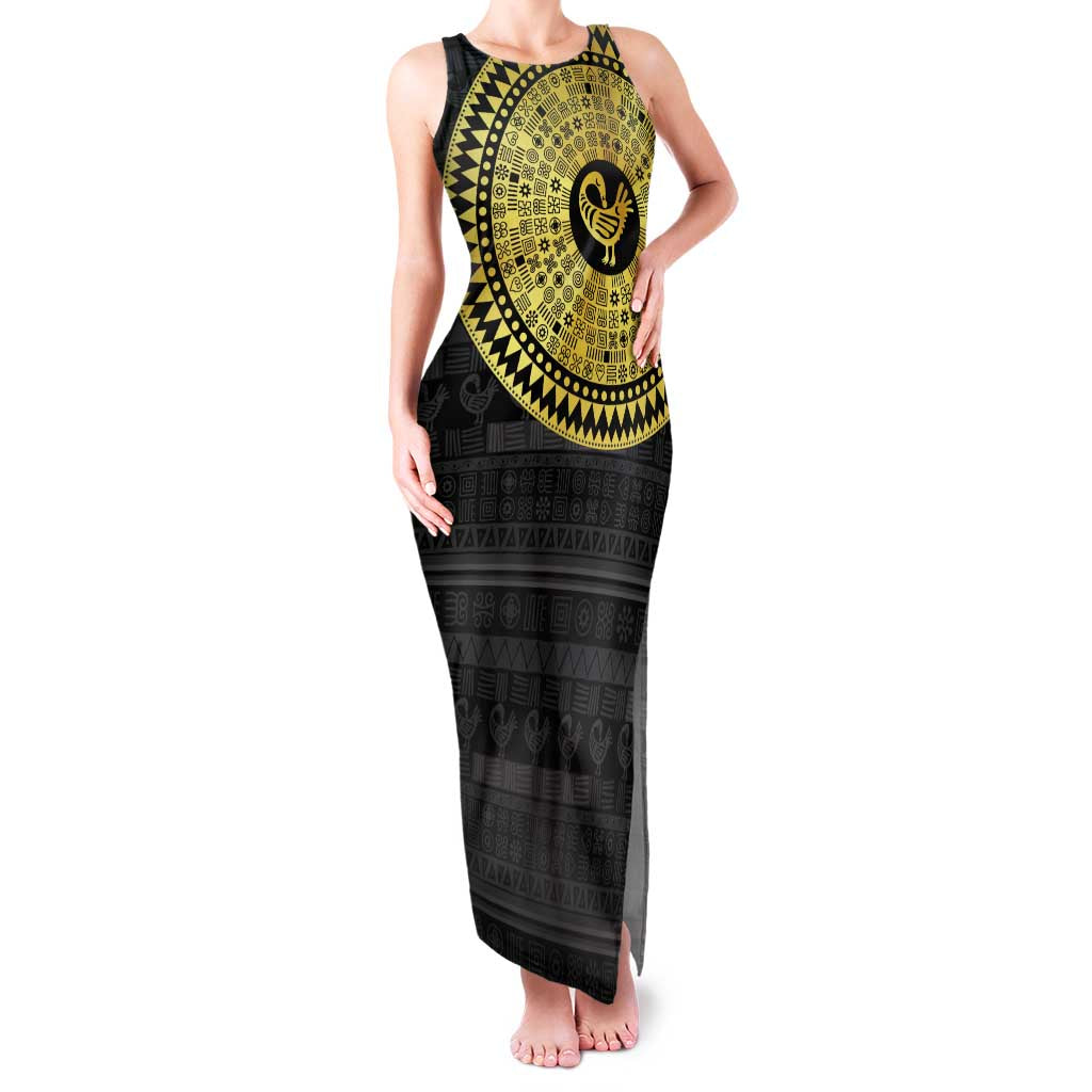 Sankofa Bird Family Matching Tank Maxi Dress and Hawaiian Shirt Adinkra Symbols - Gold Version