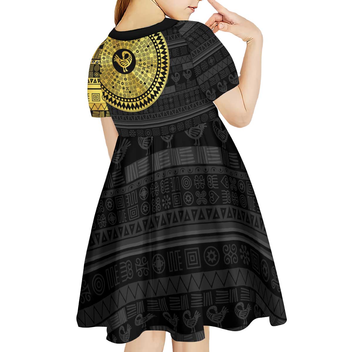 Sankofa Bird Kid Short Sleeve Dress Adinkra Symbols - Gold Version