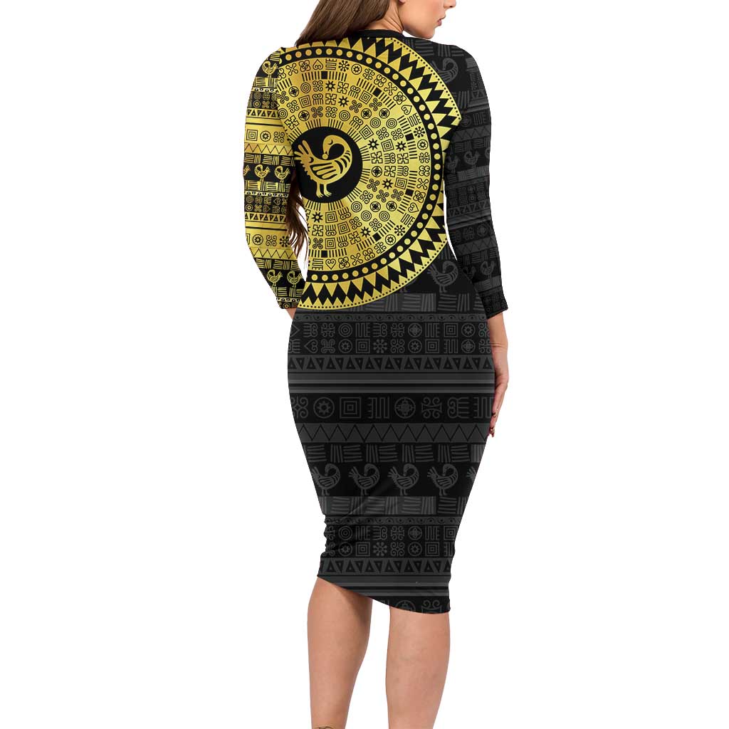 Sankofa Bird Long Sleeve Bodycon Dress Adinkra Symbols - Gold Version