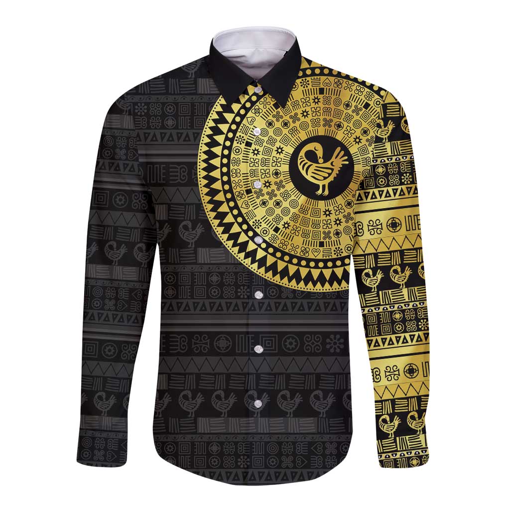 Sankofa Bird Long Sleeve Button Shirt Adinkra Symbols - Gold Version