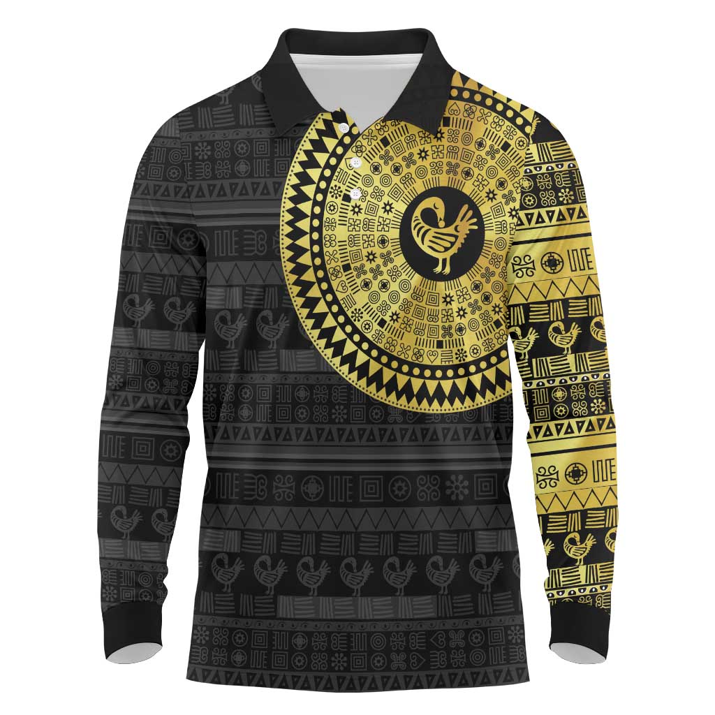 Sankofa Bird Long Sleeve Polo Shirt Adinkra Symbols - Gold Version