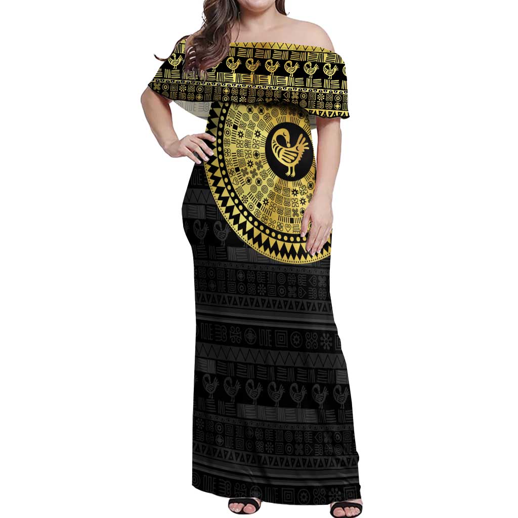 Sankofa Bird Off Shoulder Maxi Dress Adinkra Symbols - Gold Version