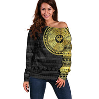 Sankofa Bird Off Shoulder Sweater Adinkra Symbols - Gold Version