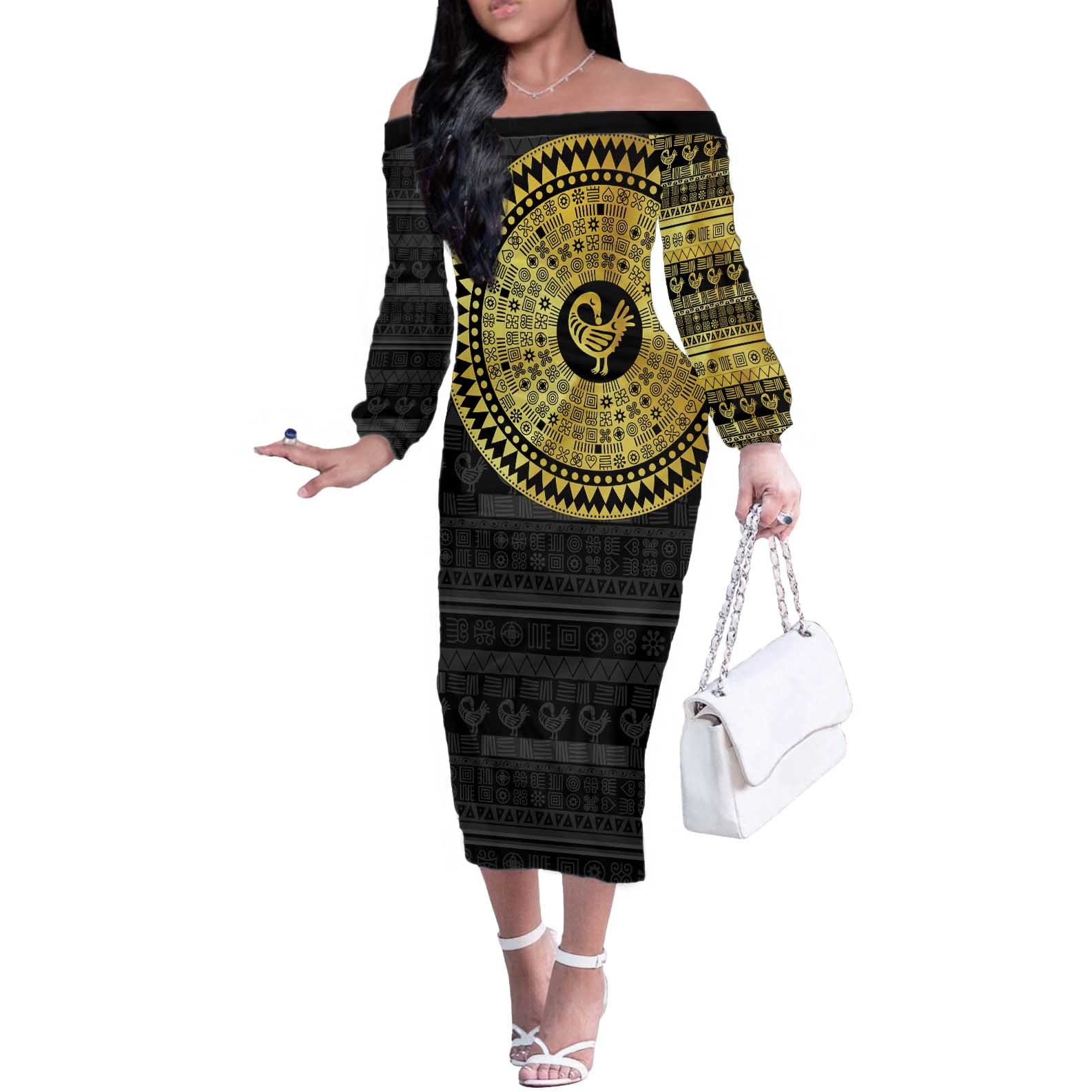 Sankofa Bird Off The Shoulder Long Sleeve Dress Adinkra Symbols - Gold Version