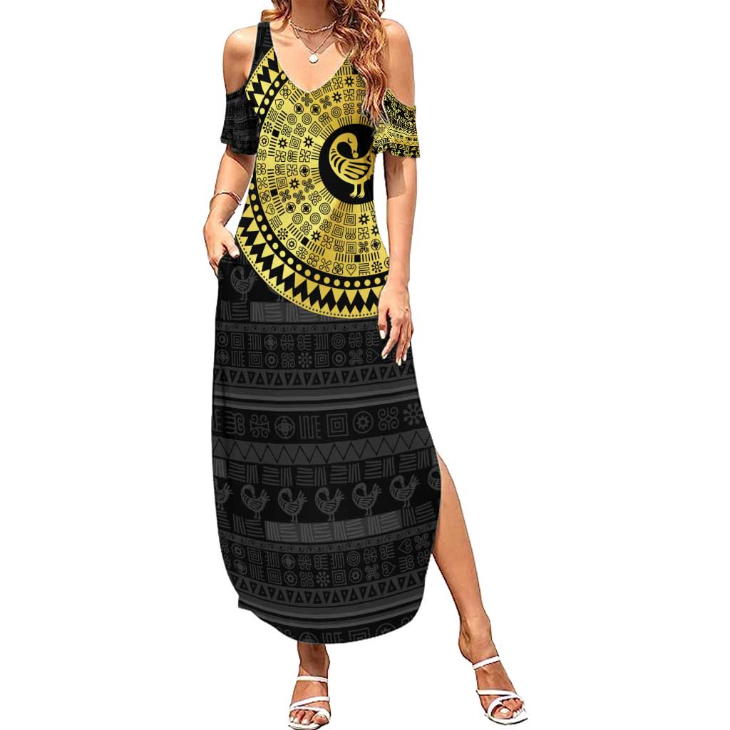 Sankofa Bird Summer Maxi Dress Adinkra Symbols - Gold Version