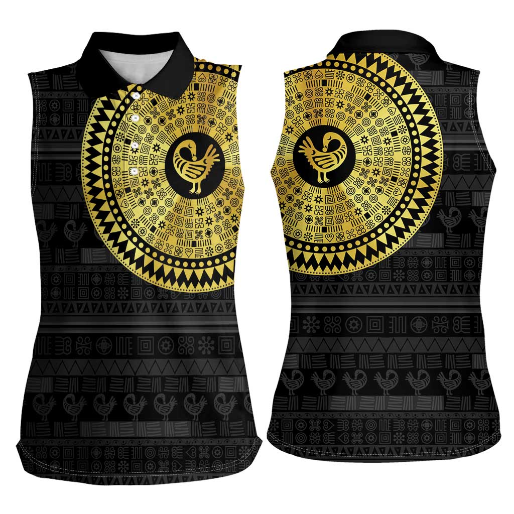 Sankofa Bird Women Sleeveless Polo Shirt Adinkra Symbols - Gold Version