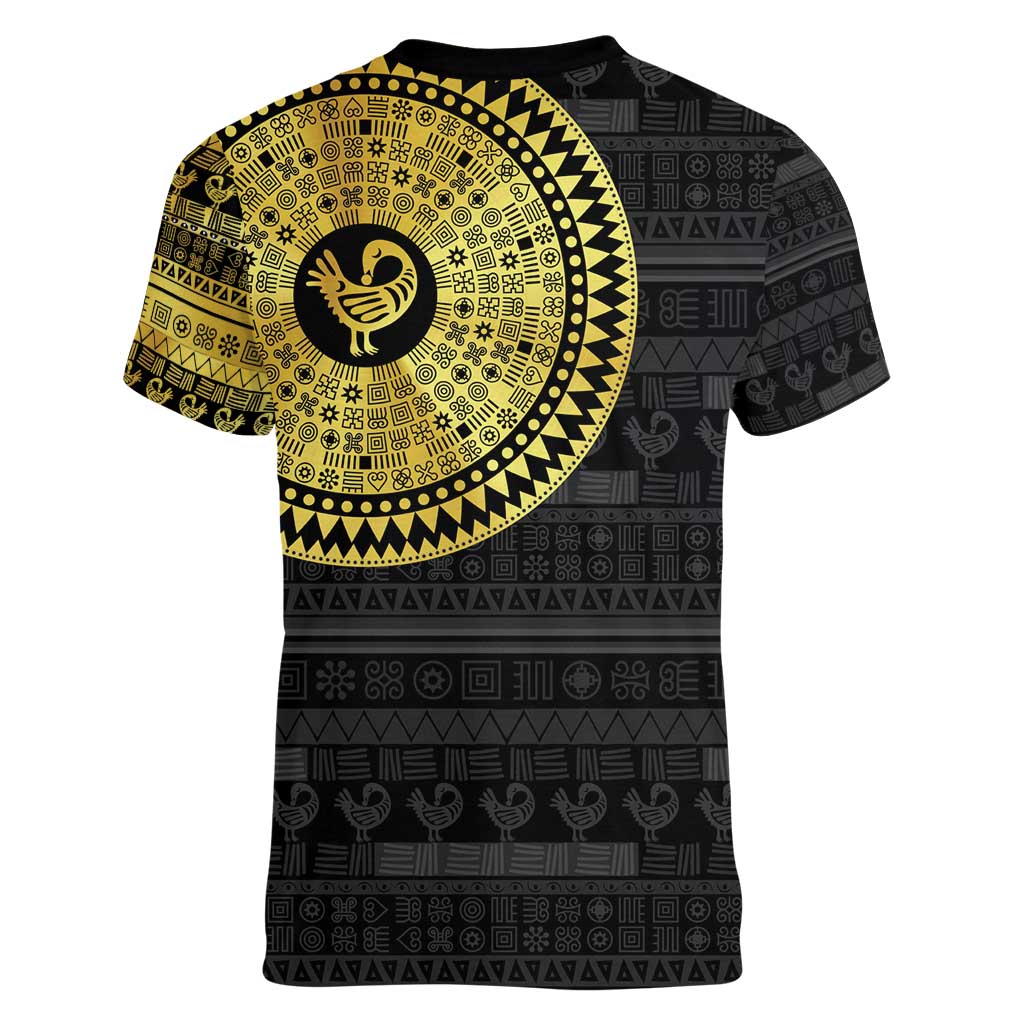 Sankofa Bird Women V-Neck T-Shirt Adinkra Symbols - Gold Version