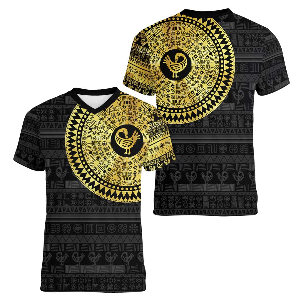 Sankofa Bird Women V-Neck T-Shirt Adinkra Symbols - Gold Version