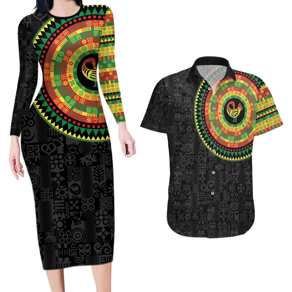 Sankofa Bird Adinkra Symbols Couples Matching Long Sleeve Bodycon Dress and Hawaiian Shirt African Culture
