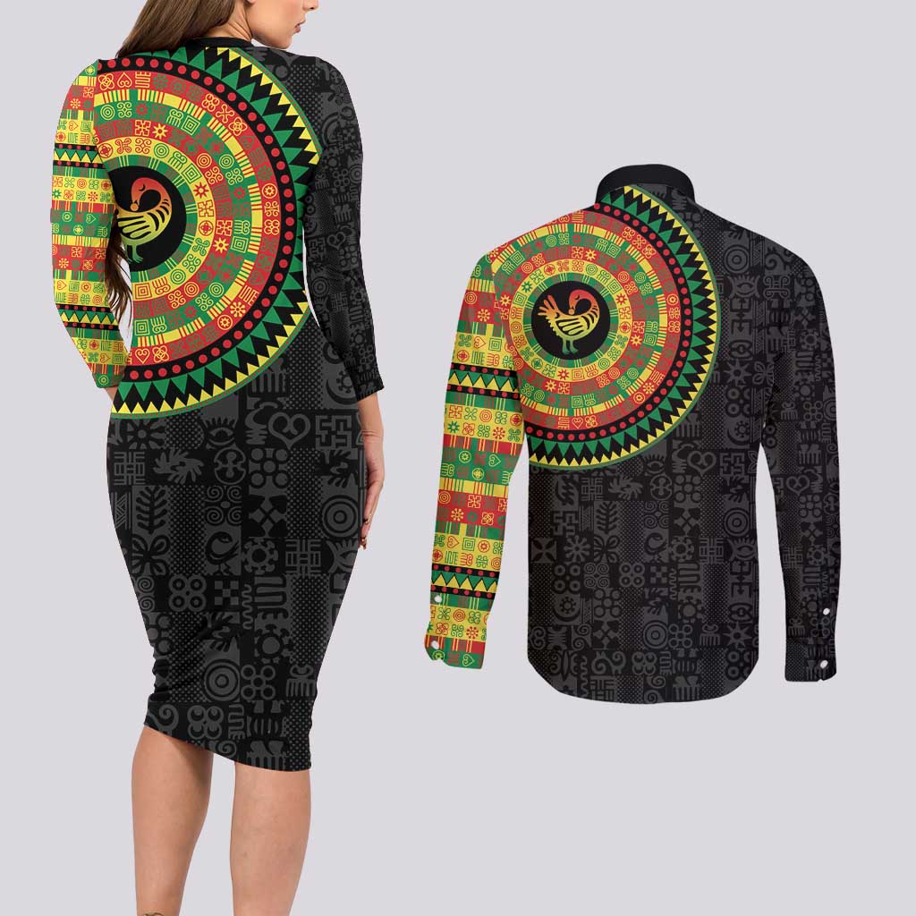 Sankofa Bird Adinkra Symbols Couples Matching Long Sleeve Bodycon Dress and Long Sleeve Button Shirt African Culture
