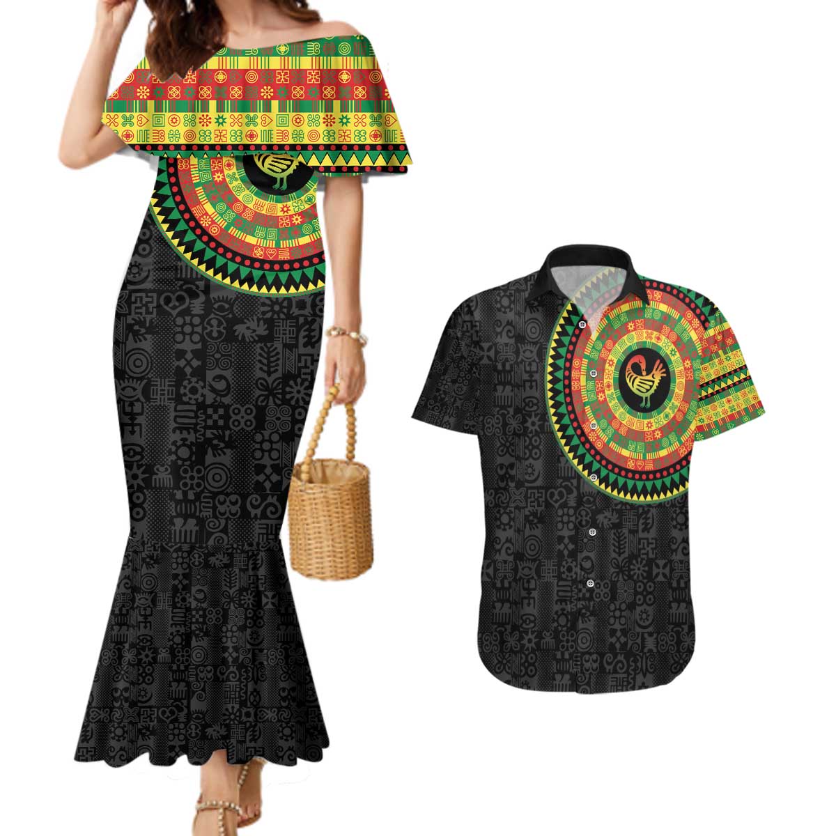 Sankofa Bird Adinkra Symbols Couples Matching Mermaid Dress and Hawaiian Shirt African Culture