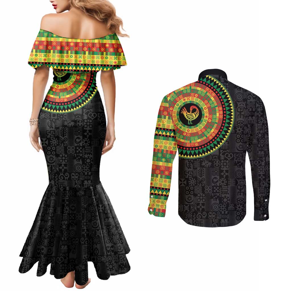 Sankofa Bird Adinkra Symbols Couples Matching Mermaid Dress and Long Sleeve Button Shirt African Culture
