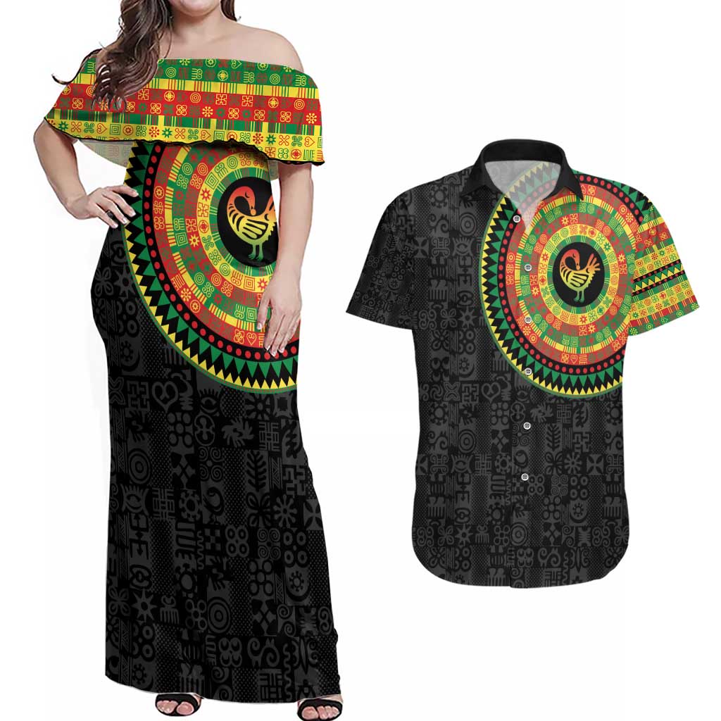 Sankofa Bird Adinkra Symbols Couples Matching Off Shoulder Maxi Dress and Hawaiian Shirt African Culture