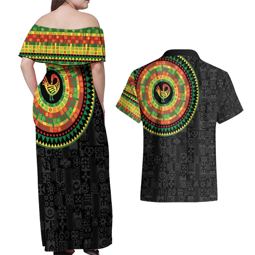 Sankofa Bird Adinkra Symbols Couples Matching Off Shoulder Maxi Dress and Hawaiian Shirt African Culture