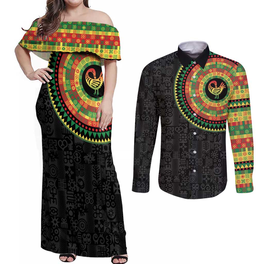 Sankofa Bird Adinkra Symbols Couples Matching Off Shoulder Maxi Dress and Long Sleeve Button Shirt African Culture