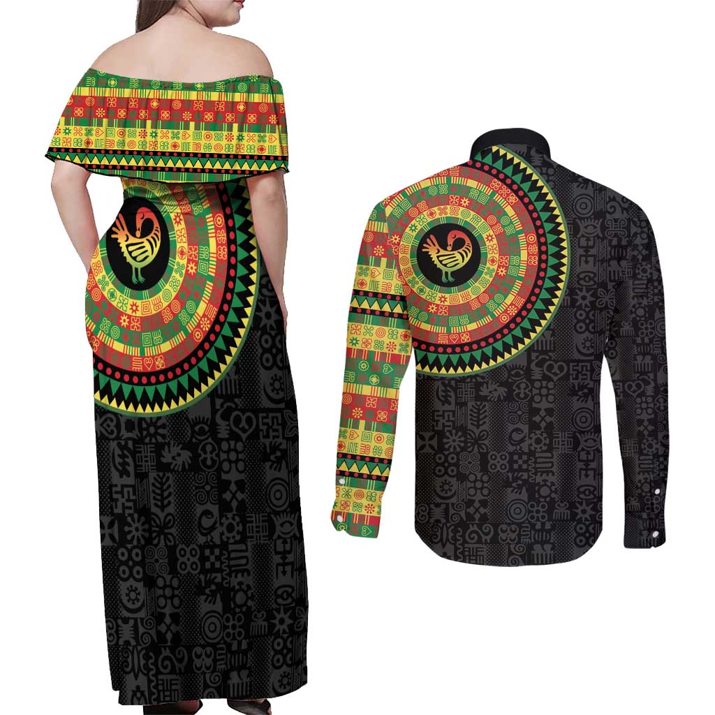 Sankofa Bird Adinkra Symbols Couples Matching Off Shoulder Maxi Dress and Long Sleeve Button Shirt African Culture