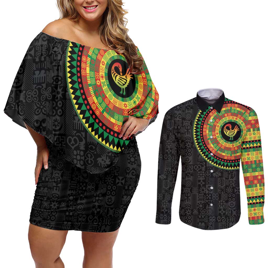 Sankofa Bird Adinkra Symbols Couples Matching Off Shoulder Short Dress and Long Sleeve Button Shirt African Culture