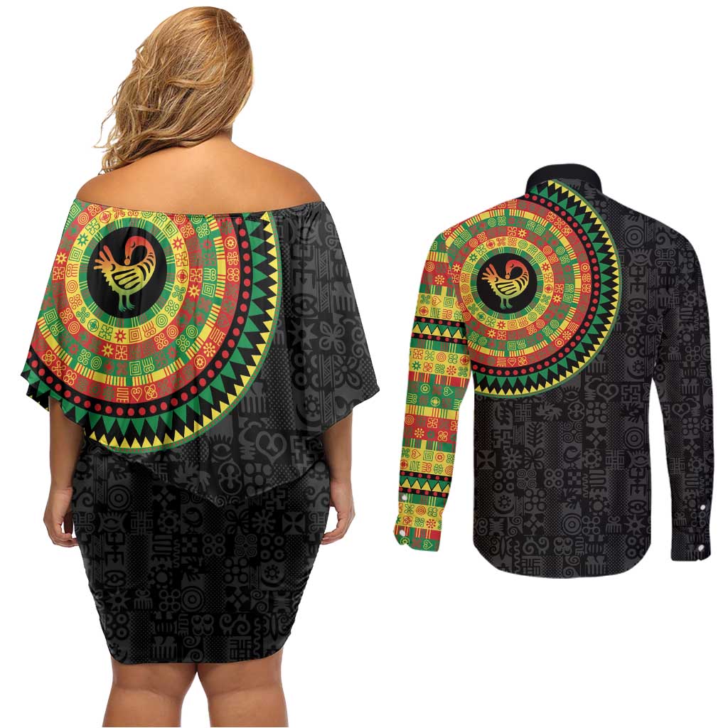 Sankofa Bird Adinkra Symbols Couples Matching Off Shoulder Short Dress and Long Sleeve Button Shirt African Culture