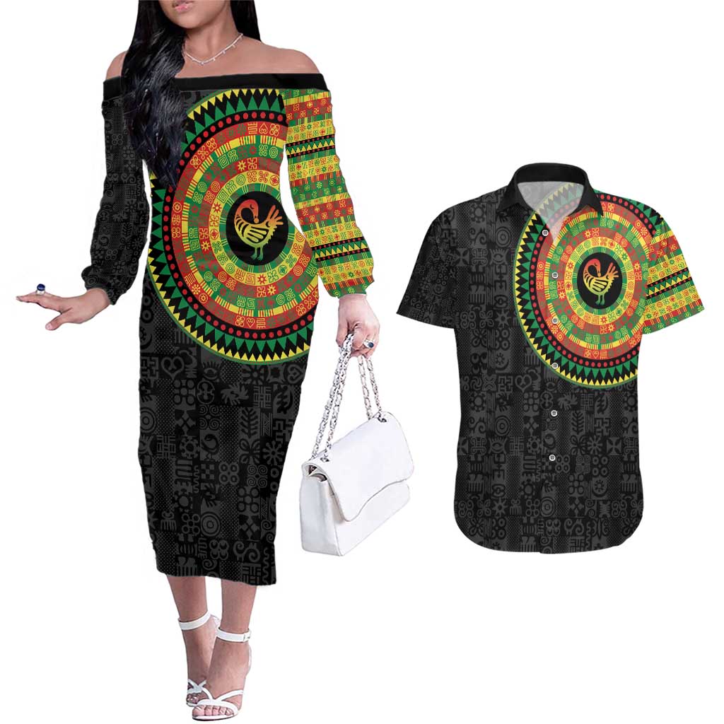 Sankofa Bird Adinkra Symbols Couples Matching Off The Shoulder Long Sleeve Dress and Hawaiian Shirt African Culture
