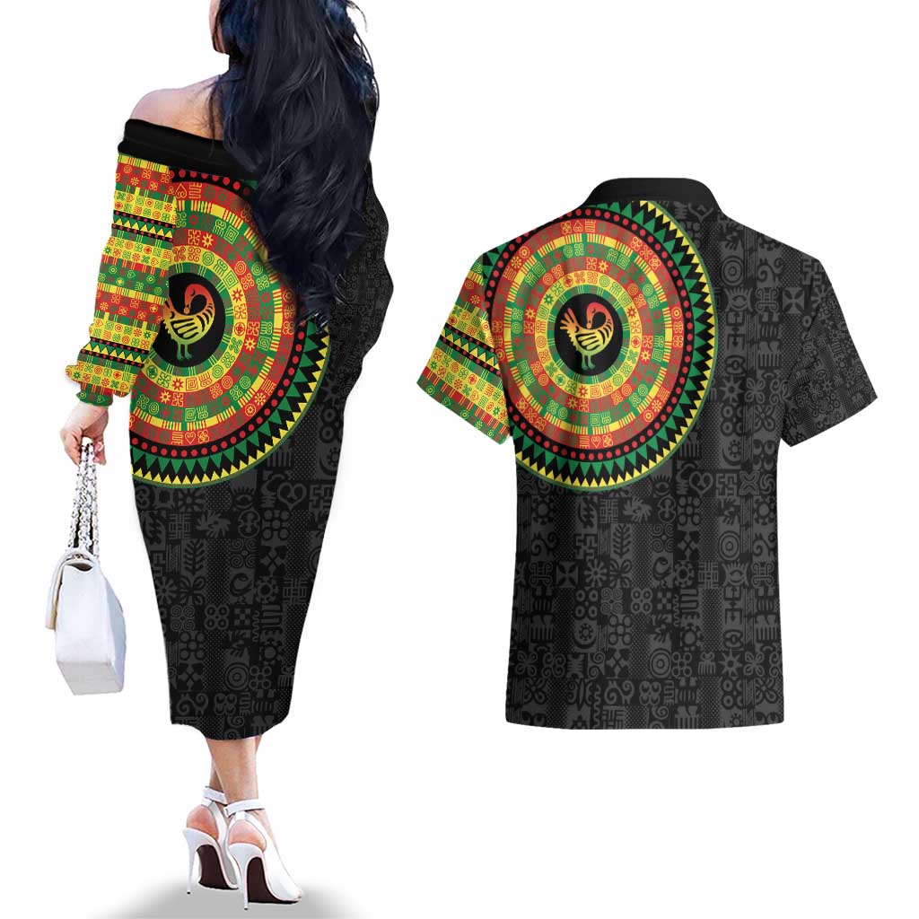 Sankofa Bird Adinkra Symbols Couples Matching Off The Shoulder Long Sleeve Dress and Hawaiian Shirt African Culture