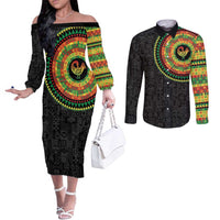 Sankofa Bird Adinkra Symbols Couples Matching Off The Shoulder Long Sleeve Dress and Long Sleeve Button Shirt African Culture