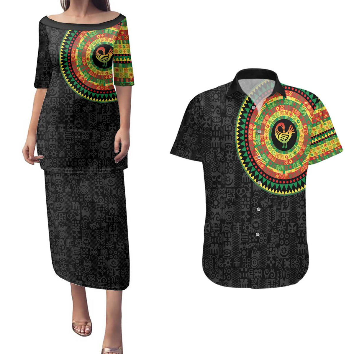 Sankofa Bird Adinkra Symbols Couples Matching Puletasi and Hawaiian Shirt African Culture