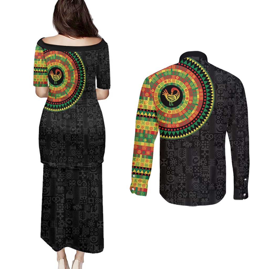 Sankofa Bird Adinkra Symbols Couples Matching Puletasi and Long Sleeve Button Shirt African Culture
